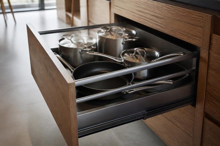 découvrez comment un tiroir casserolier améliore l'accessibilité aux ustensiles lourds, facilitant leur rangement et utilisation en cuisine.