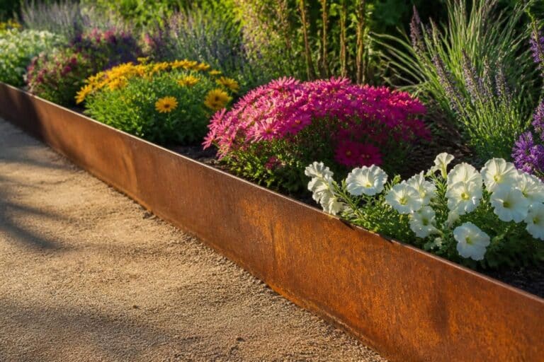 découvrez une liaison directe et élégante entre la bordure de jardin en acier corten et la délimitation précise des parterres de fleurs pour un aménagement paysager harmonieux et durable.
