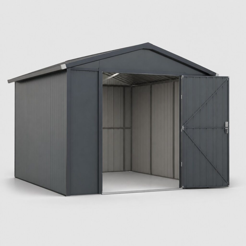 Abri de jardin de surface intermédiaire à porte large sur fond gris clair