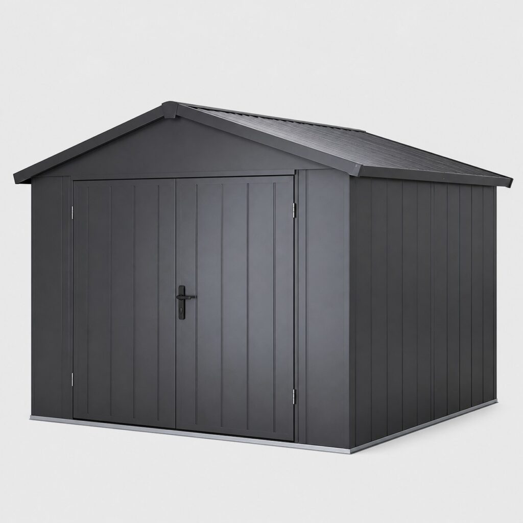 Grand abri de jardin format garage à porte double sur fond gris clair