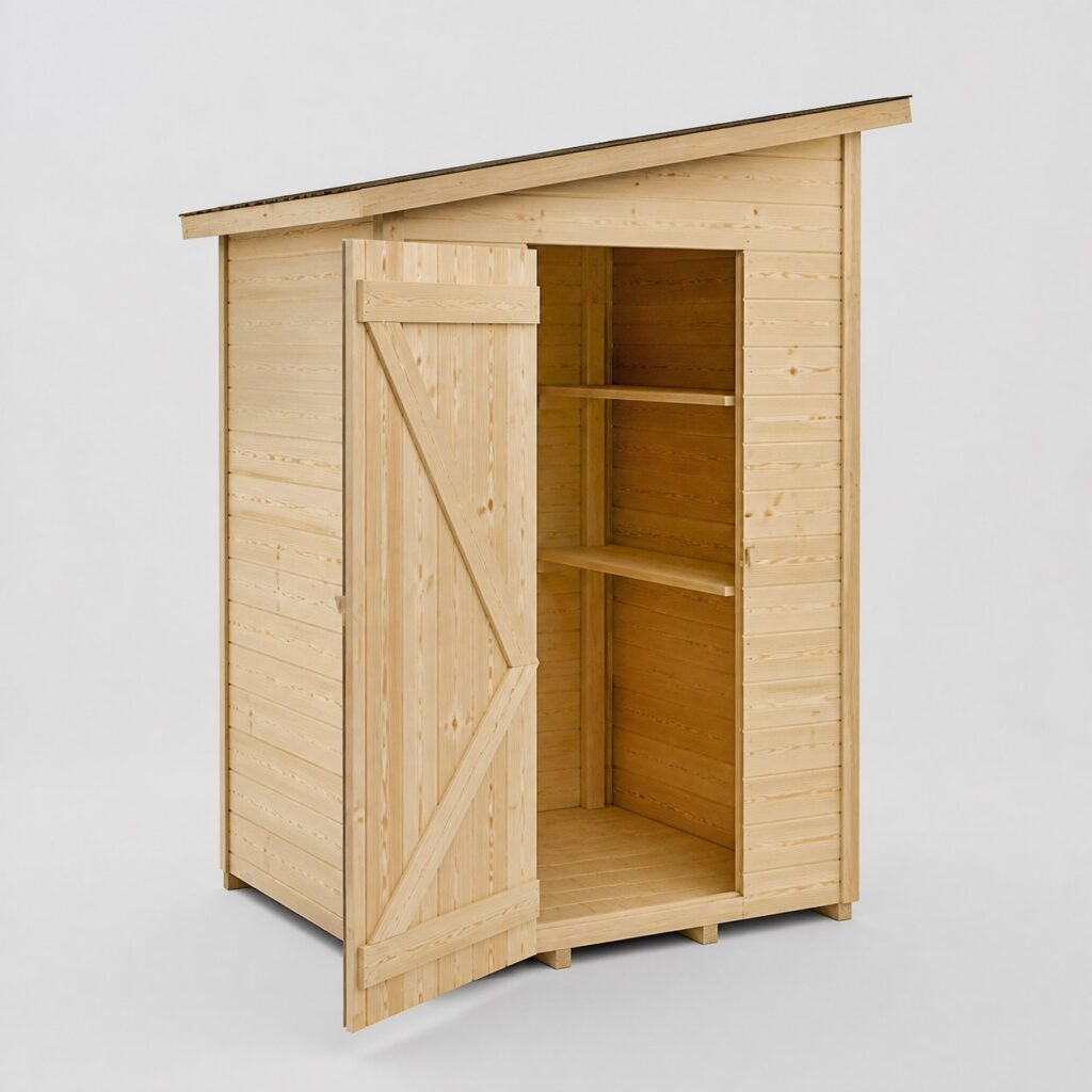 Petite cabane de jardin en bois de sapin clair sur fond gris clair