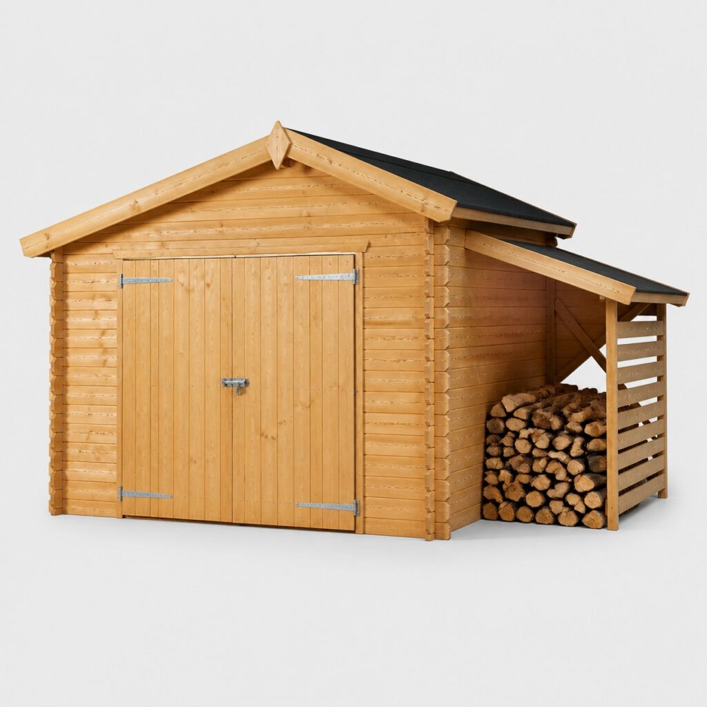 Grand chalet de jardin en bois massif avec bûcher sur fond gris clair