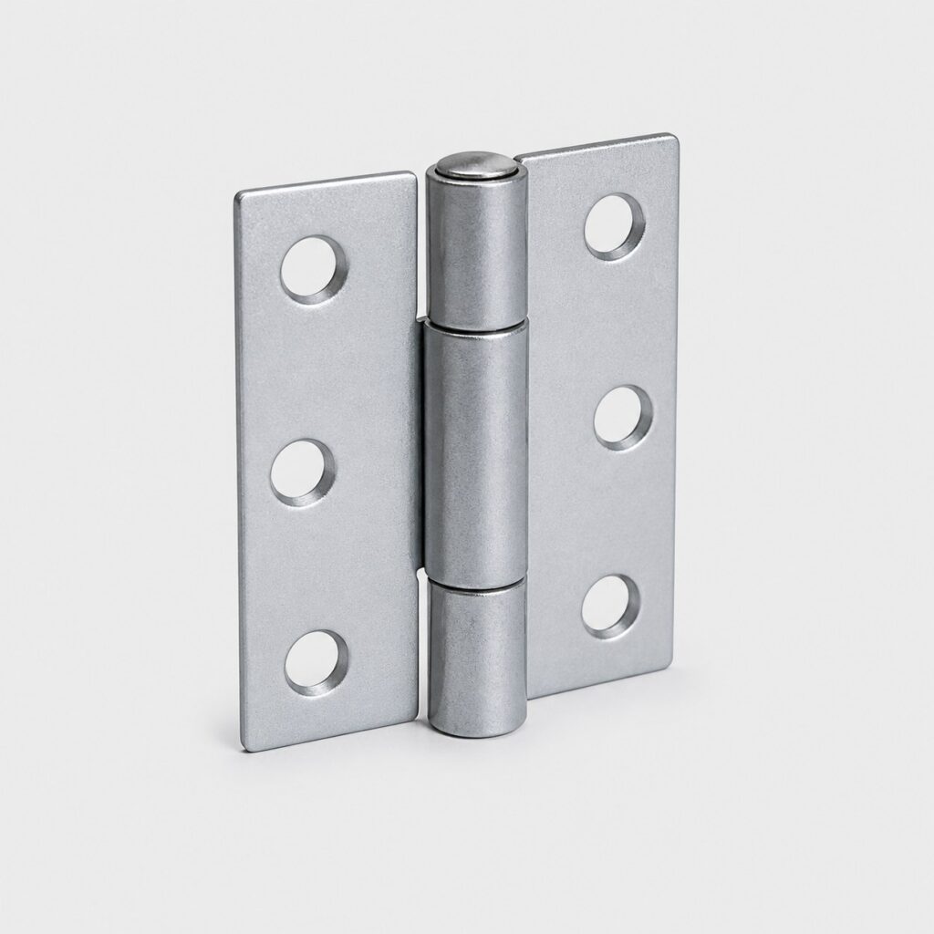 Paumelle de porte en acier à deux lames et noeud central sur fond gris clair