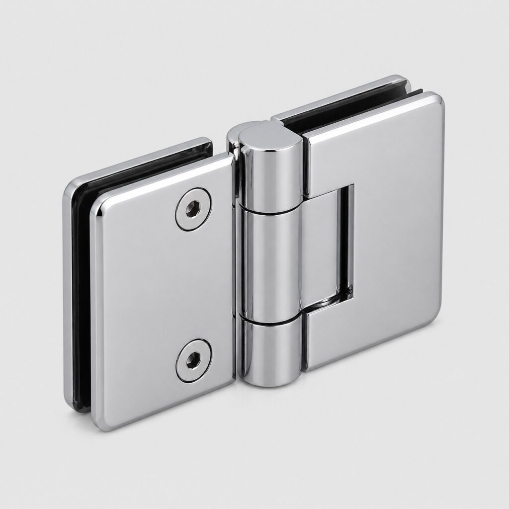 Charnière de douche à mâchoires de serrage pour verre sur fond gris clair