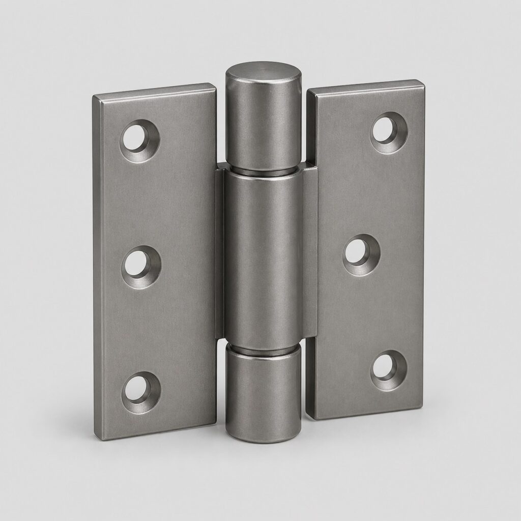 Charnière de porte renforcée en acier épais à axe généreux sur fond gris clair