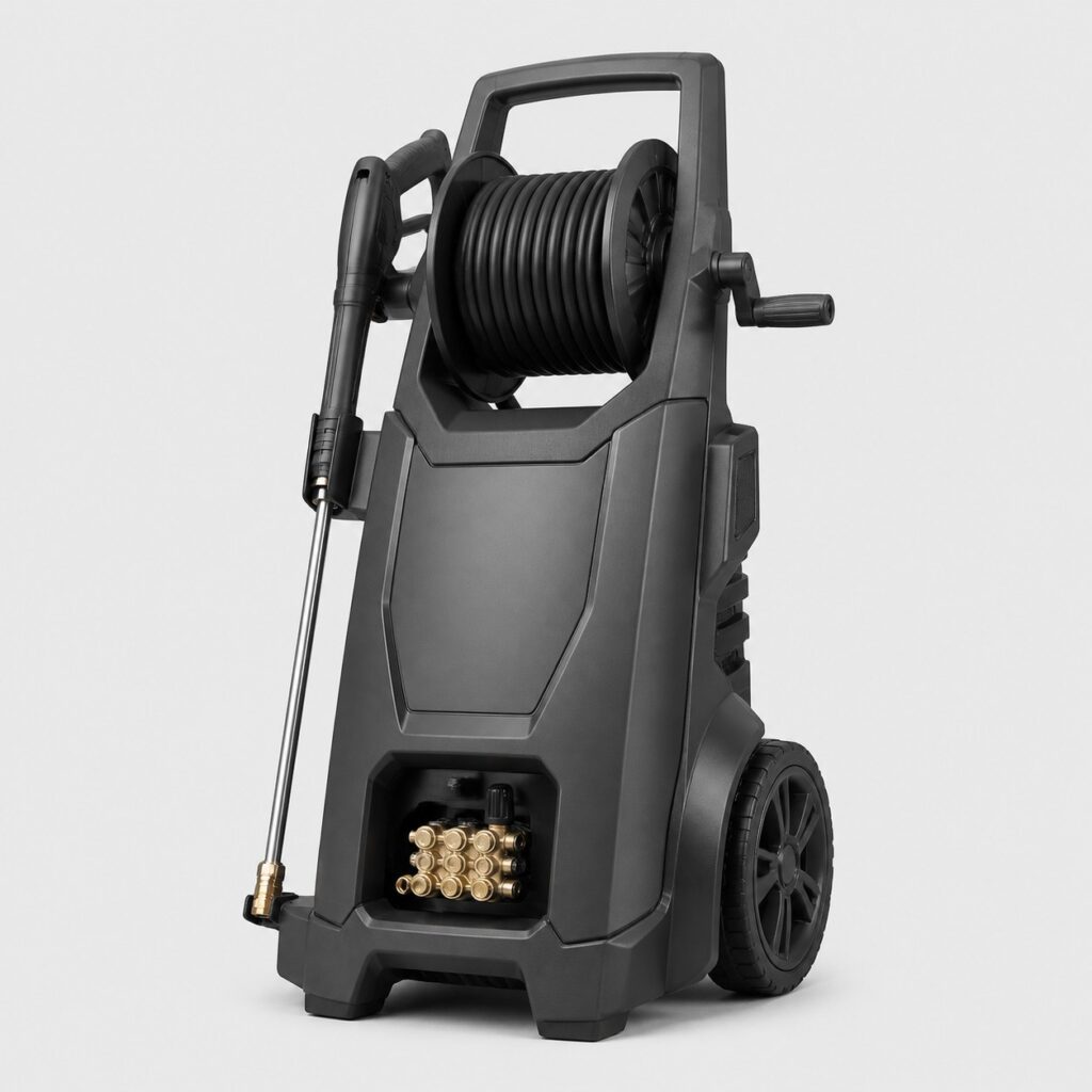 Nettoyeur haute pression professionnel sur chariot, fond gris clair