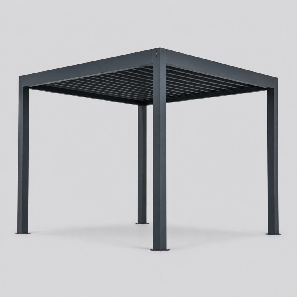 Pergola bioclimatique compacte 3x3 m anthracite à lames orientables sur fond clair