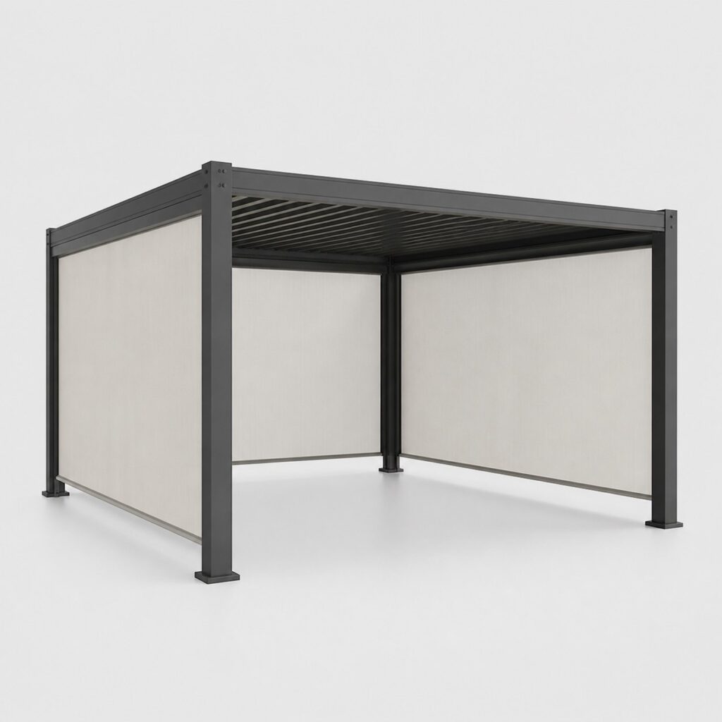 Pergola 4x3 anthracite avec rideaux latéraux textile sur fond clair