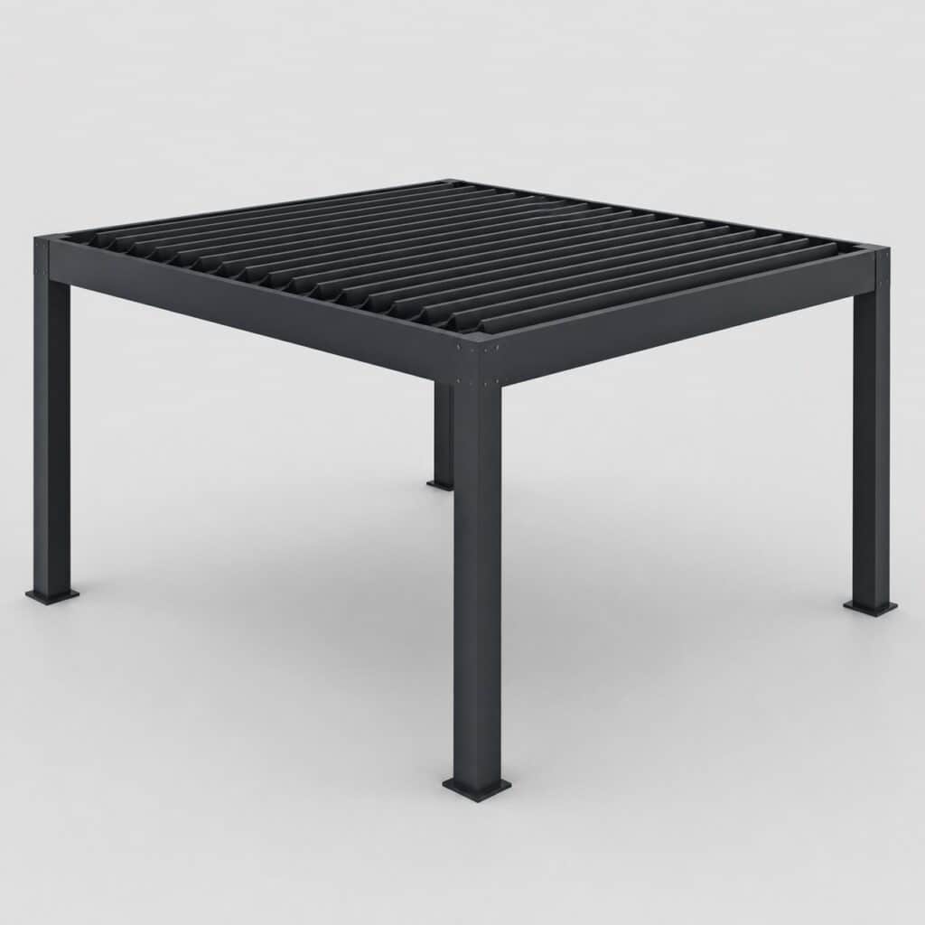 Pergola bioclimatique carrée 4x4 m anthracite à lames orientables sur fond clair