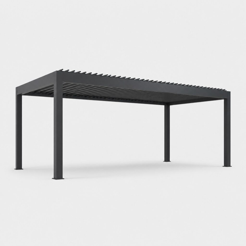 Pergola bioclimatique longue 6x3 m anthracite à lames orientables sur fond clair