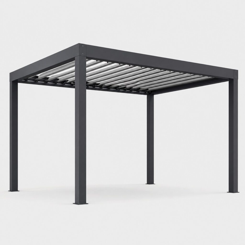 Pergola anthracite à toit ouvrant à lames orientables sur fond clair