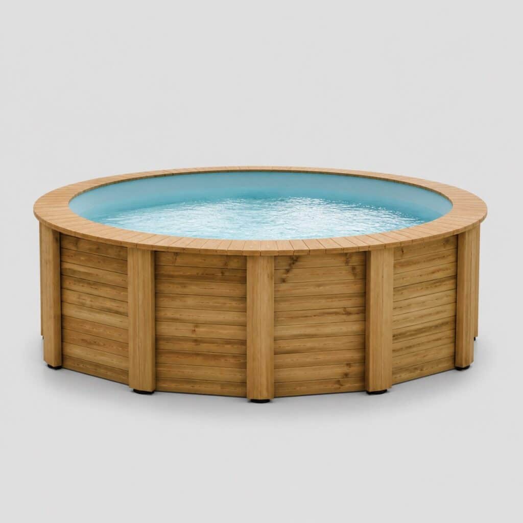 Piscine hors sol en bois avec margelle sur fond gris clair