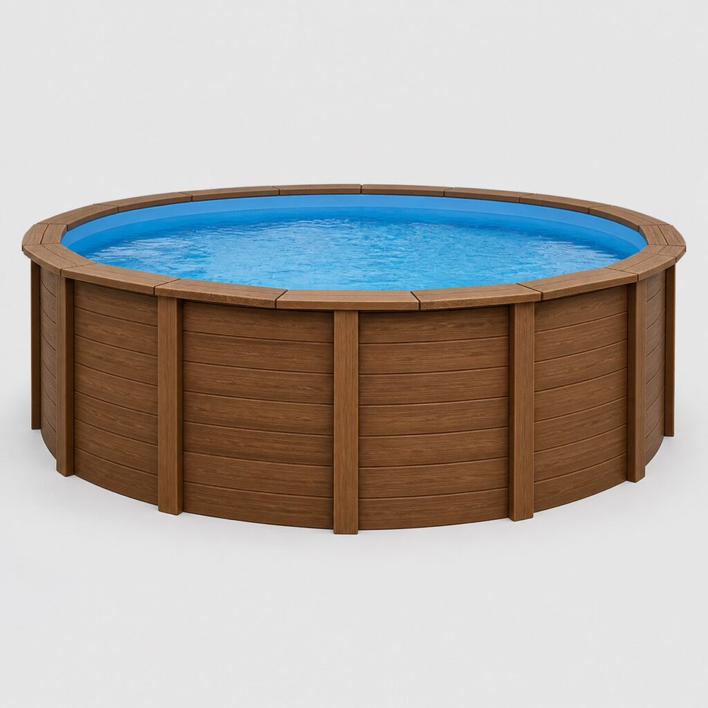 Piscine hors sol a lames composite sur fond gris clair