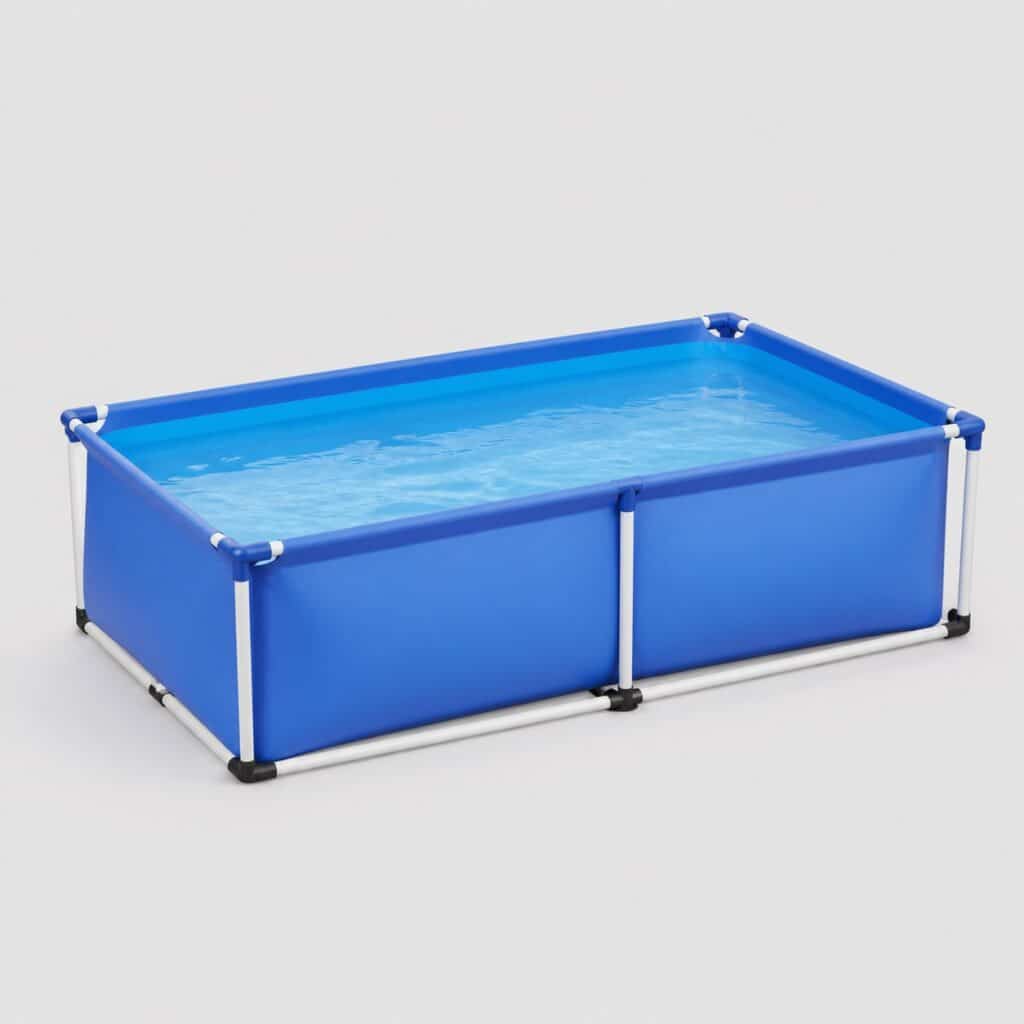 Piscine hors sol rectangulaire a liner bleu sur fond gris clair