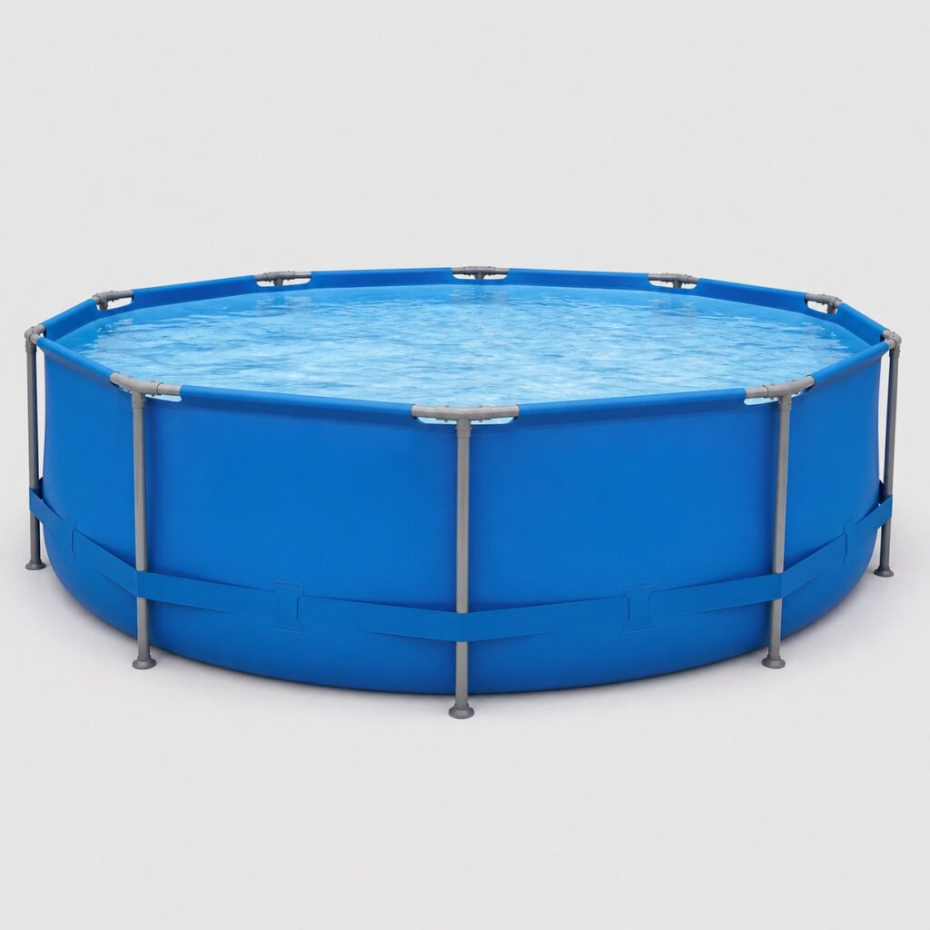 Piscine tubulaire a armature acier et liner bleu sur fond gris clair
