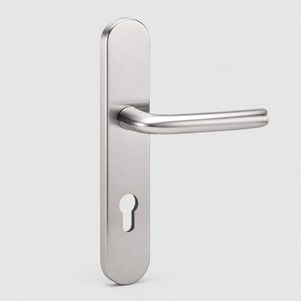Poignee de porte interieure en inox brosse sur plaque longue