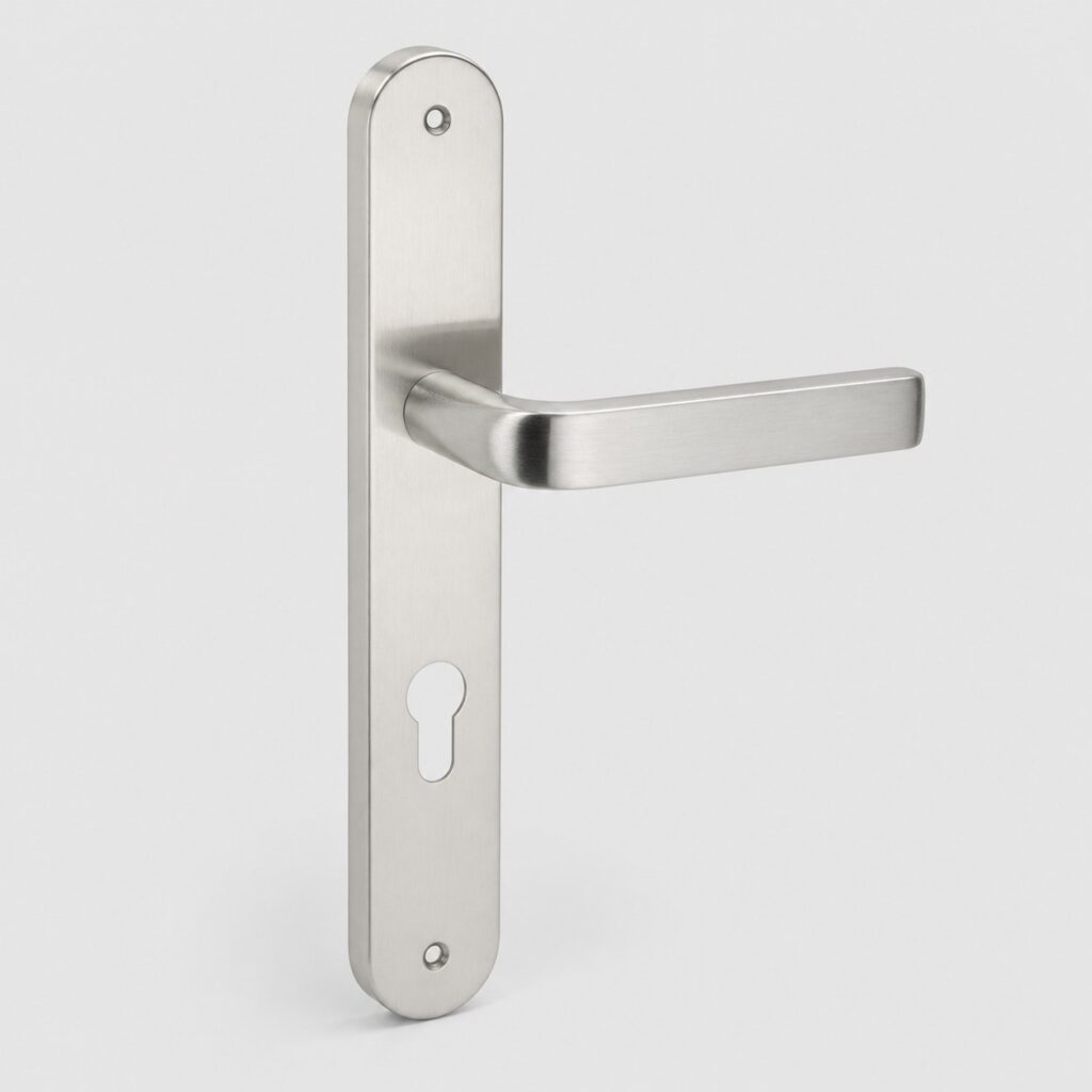 Poignee de porte exterieure sur plaque longue en inox 304 brosse