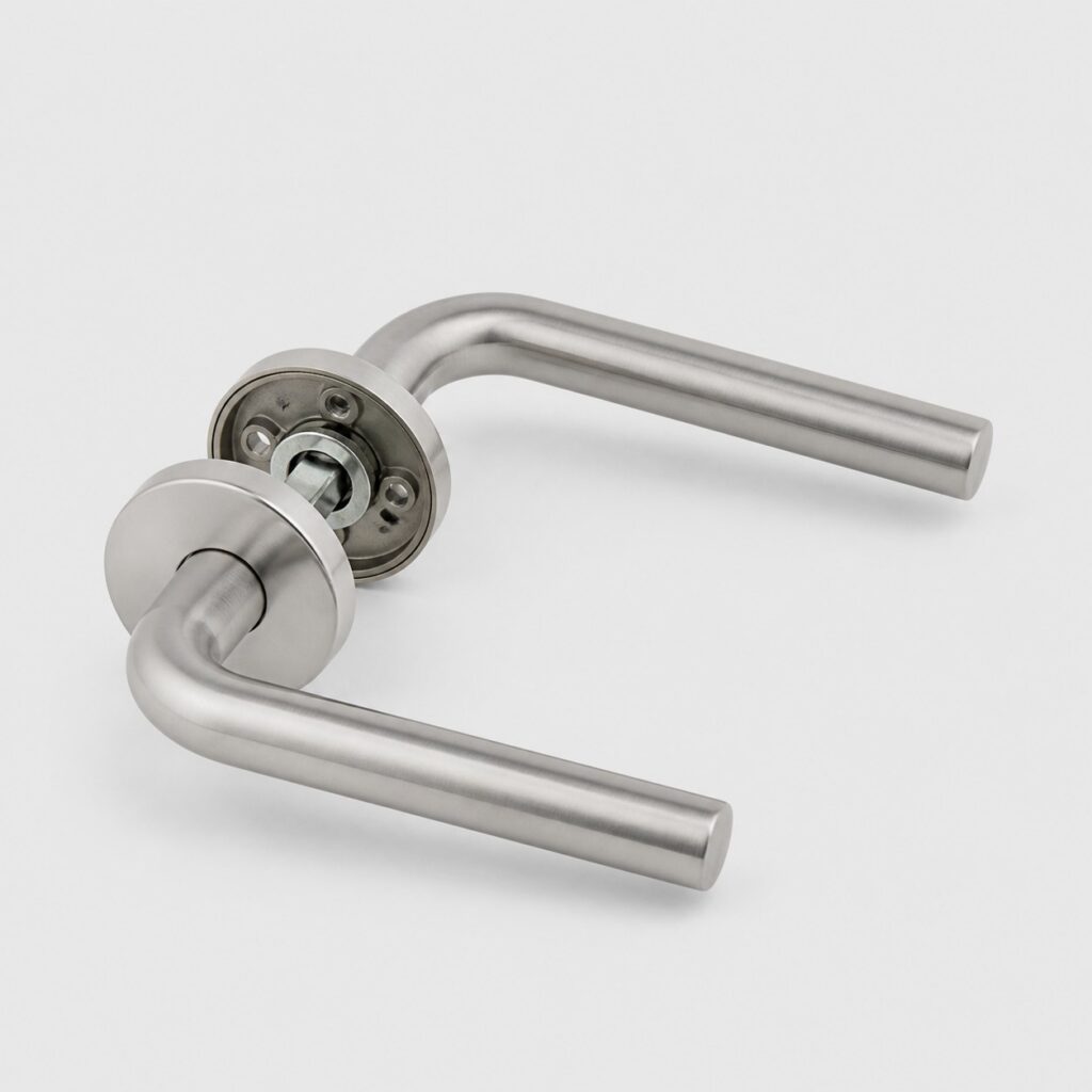 Poignee de porte interieure en inox brosse sur rosaces avec son carre