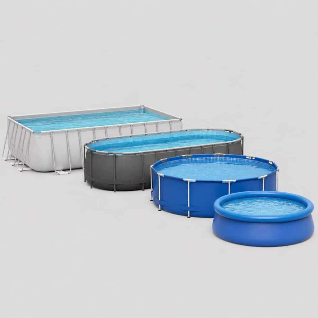 Plusieurs piscines hors sol de tailles differentes sur fond gris clair