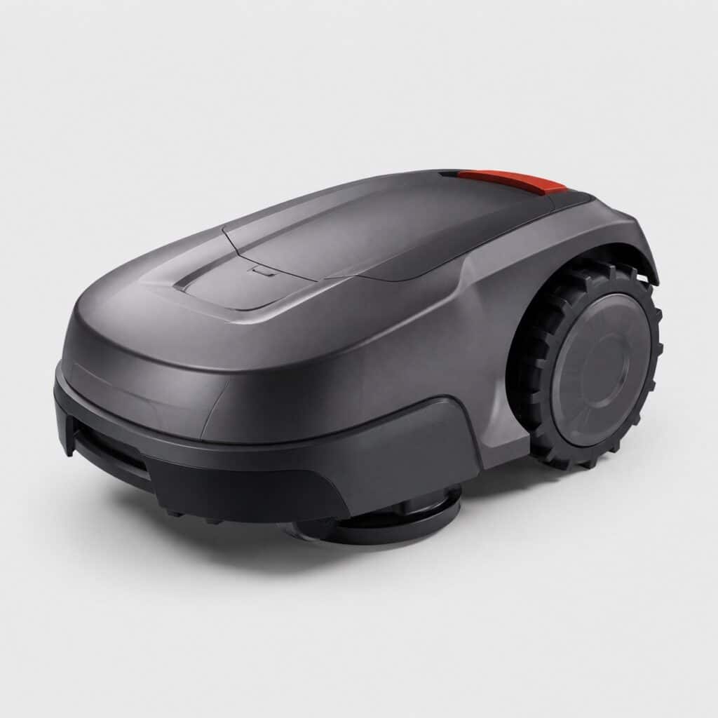 Robot tondeuse robuste de grande capacité sur fond gris clair