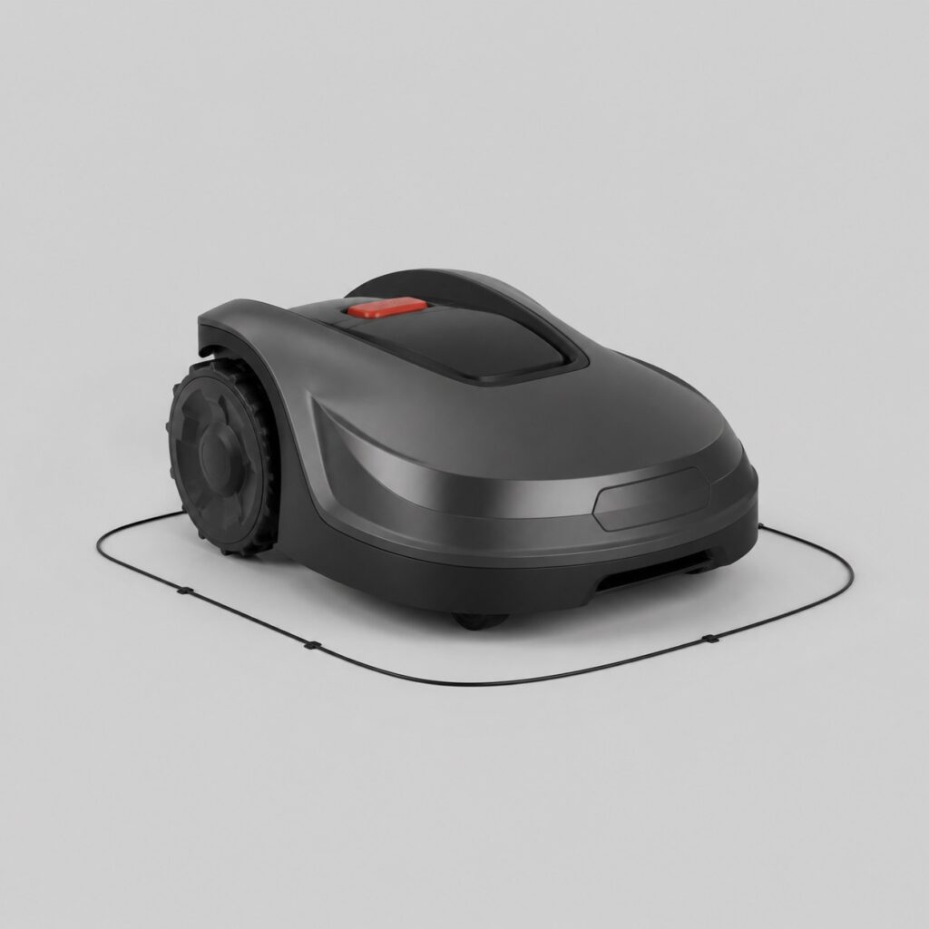Robot tondeuse compact suivant un fil périmétrique, sur fond gris clair