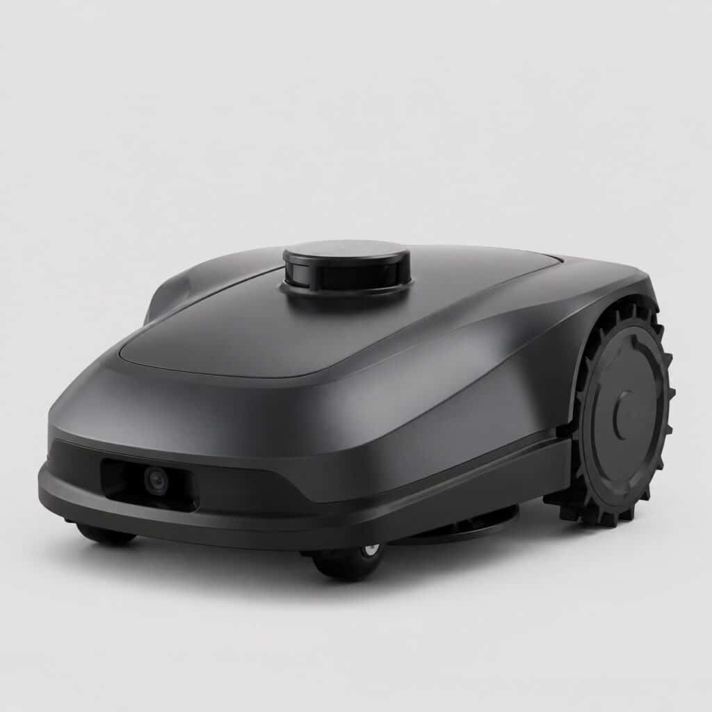 Robot tondeuse haut de gamme à tourelle LiDAR, sur fond gris clair