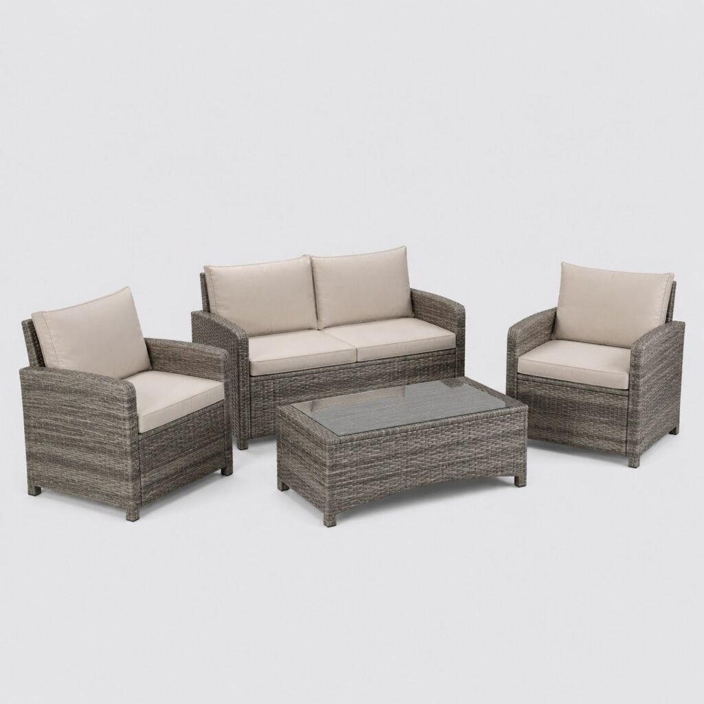 Salon de jardin en resine tressee imitation rotin gris chine sur fond gris clair