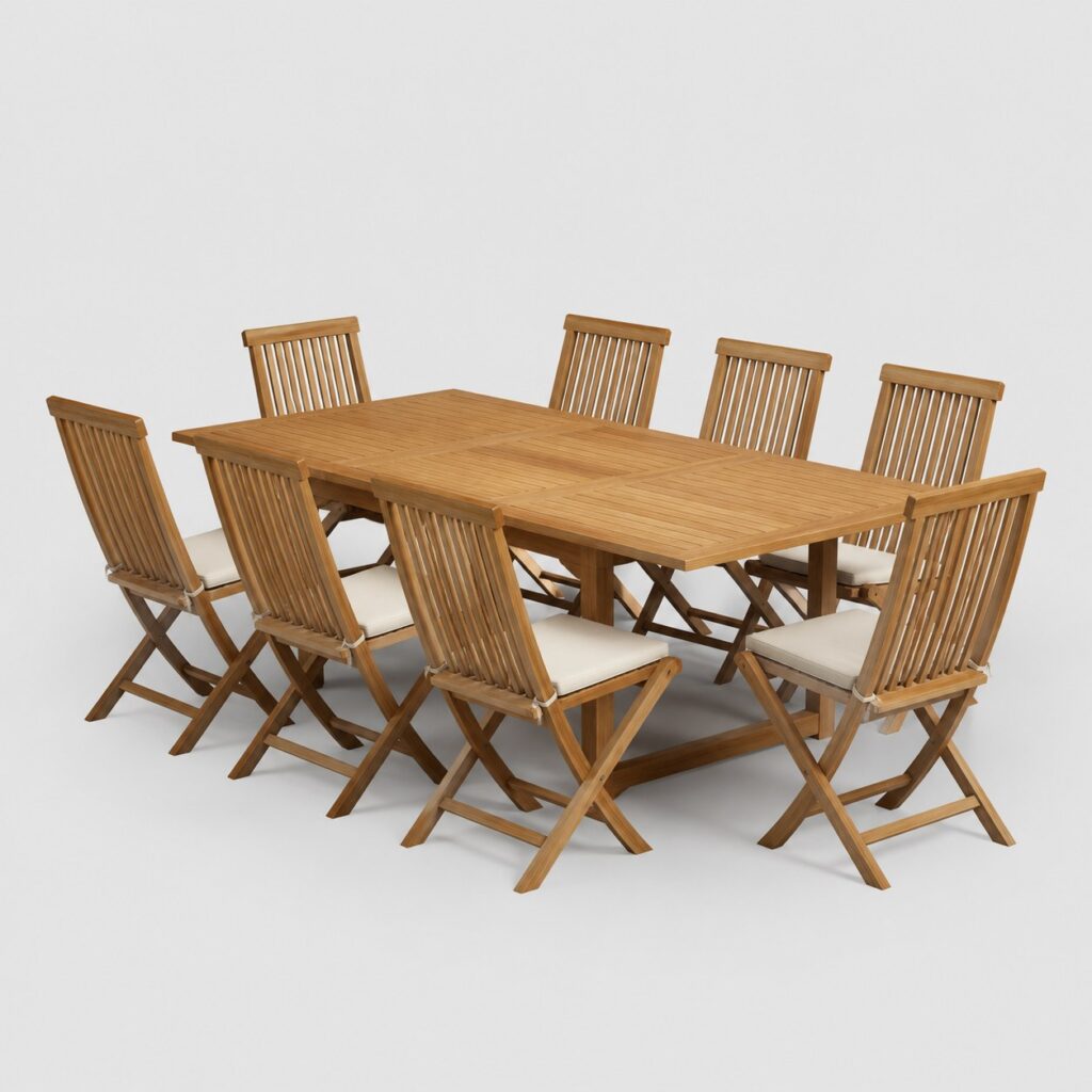 Salon de jardin en teck huile massif miel avec table a rallonge sur fond gris clair
