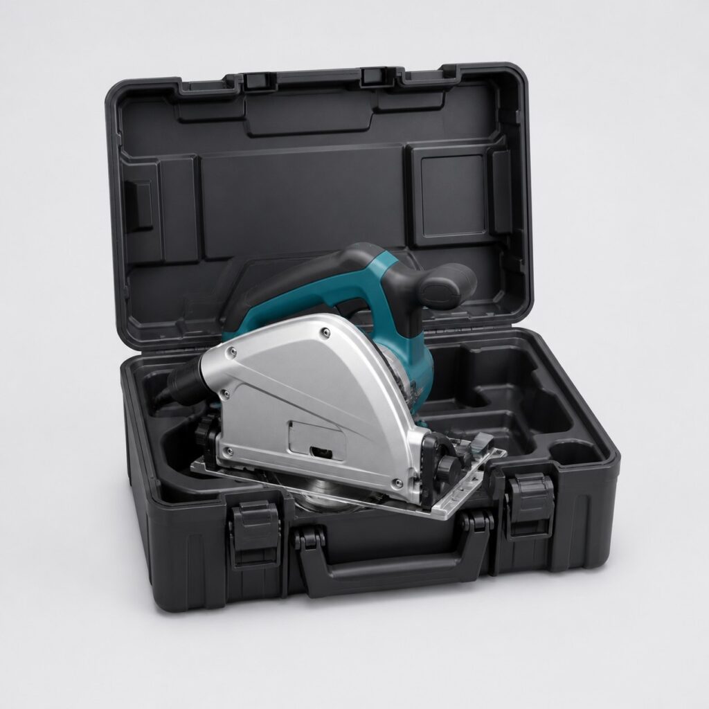 Scie plongeante professionnelle avec son coffret sur fond gris clair