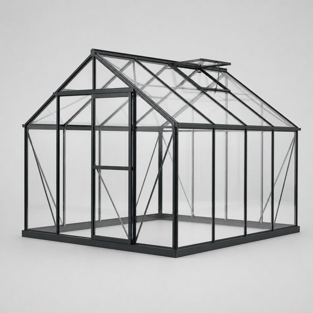 Serre de jardin dure en verre sur structure aluminium, vue produit