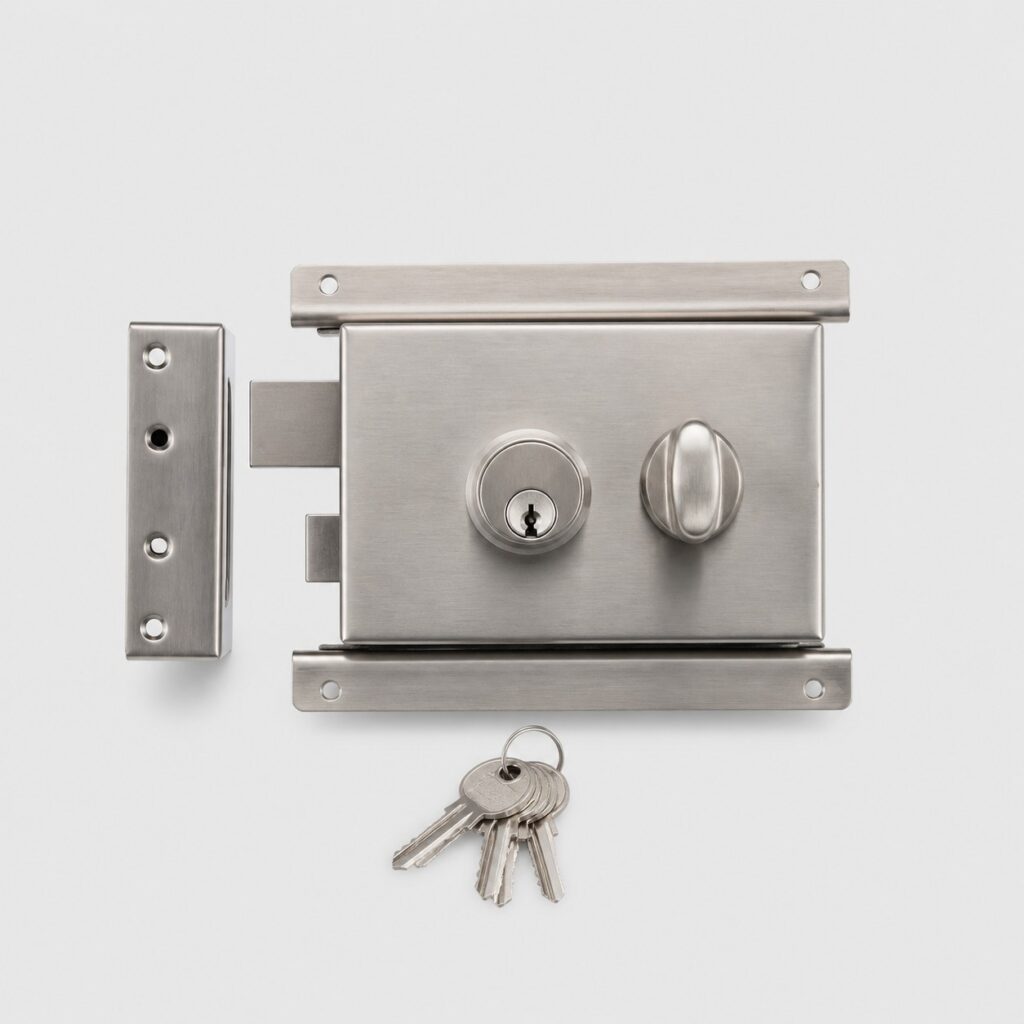 Serrure de porte extérieure en applique inox avec têtière et cylindre