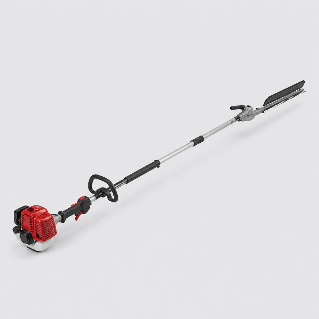 Taille-haie thermique sur perche tête orientable sur fond gris clair