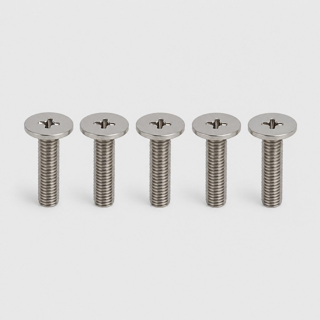 Lot de vis à tête plate large en inox sur fond gris clair