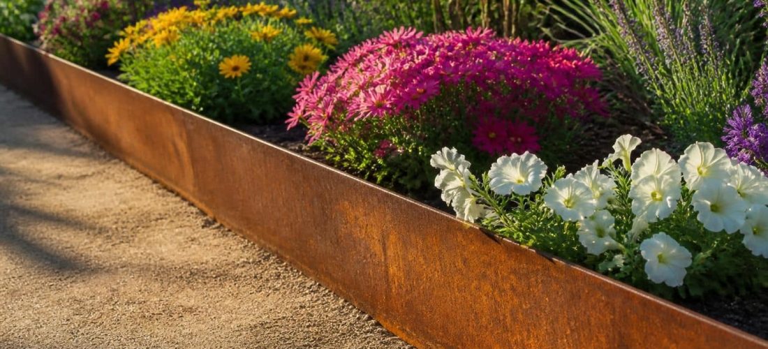 découvrez une liaison directe et élégante entre la bordure de jardin en acier corten et la délimitation précise des parterres de fleurs pour un aménagement paysager harmonieux et durable.